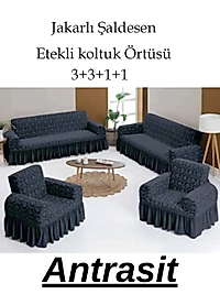 Jakarlı Şal desen Koltuk, Kanepe, çekyat Örtüsü, Likralı, Etekli, koltuk kılıfı 3+3+1+1 takım Antrasit