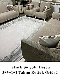Su yolu Desenli Jakarlı Koltuk Örtüsü Lastikli Koltuk Kanepe Çekyat  3+3+1+1 Takımı vizon