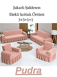Jakarlı Şal desen Koltuk, Kanepe, çekyat Örtüsü, Likralı, Etekli, koltuk kılıfı 3+3+1+1 takım pudra