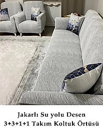 Su yolu Desenli Jakarlı Koltuk Örtüsü Lastikli Koltuk Kanepe Çekyat  3+3+1+1 Takımı Taş Gri