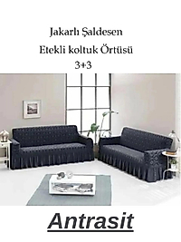 Şal desen Jakarlı Koltuk, Kanepe, çekyat Örtüsü, Likralı, Etekli, koltuk kılıfı 3+3 (iki adet) Antrasit