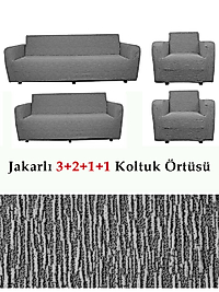 Jakarlı Çubuk, Düz Desen 3 2 1 1 Lastikli Koltuk, kanepe, çekyat Örtüsü, kılıfı Esnekli Koyu Gri