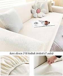 Streç Lastikli Esnek Yikanabilir Kare Desen Berjer Üç Kişilik Koltuk Örtüsü Koltuk Kılıfı (Bir Adet) Krem