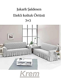 Şal desen Jakarlı Koltuk, Kanepe, çekyat Örtüsü, Likralı, Etekli, koltuk kılıfı 3+3 (iki adet) Krem