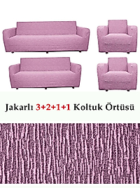 Jakarlı Çubuk, Düz Desen 3 2 1 1 Lastikli Koltuk, kanepe, çekyat Örtüsü, kılıfı Esnekli Pembe