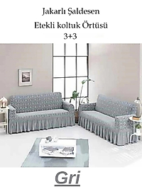Şal desen Jakarlı Koltuk, Kanepe, çekyat Örtüsü, Likralı, Etekli, koltuk kılıfı 3+3 (iki adet) Gri