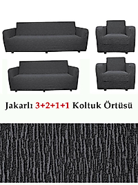 Jakarlı Çubuk, Düz Desen 3 2 1 1 Lastikli Koltuk, kanepe, çekyat Örtüsü, kılıfı Esnekli Antrasit