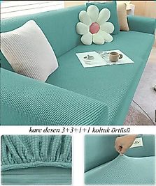 Streç Lastikli Esnek Yikanabilir Kare Desen Berjer Kotuk Örtüsü Takımı 3+3+1+1 Turkuaz