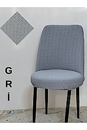 Zincir Desen Kumaş Oval Sandalye Kılıfı Likralı Yuvarlak Sandalye Örtüsü Retro Oval 6 Adet Gri