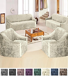 KADİFE 3+3+1+1 Lastikli Kanepe Örtüsü | Lastikli Koltuk Örtüsü | koltuk kılıfı Krem