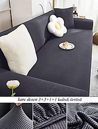 Streç Lastikli Esnek Yikanabilir Kare Desen Berjer Kotuk Örtüsü Takımı 3+3+1+1 Antrasit