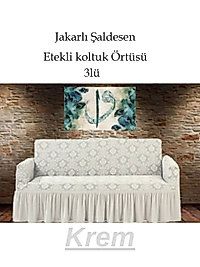 Şal desen Jakarlı Koltuk, Kanepe, çekyat Örtüsü, Likralı, Etekli, koltuk kılıfı 3lü Tek adet Krem