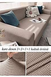 Streç Lastikli Esnek Yikanabilir Kare Desen Berjer Kotuk Örtüsü Takımı 3+3+1+1 vizon