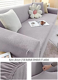 Streç Lastikli Esnek Yikanabilir Kare Desen Berjer Üç Kişilik Koltuk Örtüsü Koltuk Kılıfı (Bir Adet) Açık Gri