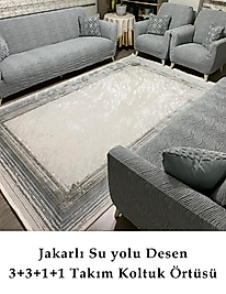 Su yolu Desenli Jakarlı Koltuk Örtüsü Lastikli Koltuk Kanepe Çekyat  3+3+1+1 Takımı Gri