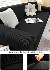 Streç Lastikli Esnek Yikanabilir Kare Desen Berjer Kotuk Örtüsü Takımı 3+3+1+1 Siyah