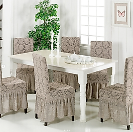 Jakarli Şal Desen Etekli Sandalye Örtüsü, yüksek Kaliteli, yıkanabilir, esnekli, lastikli 6 Adet