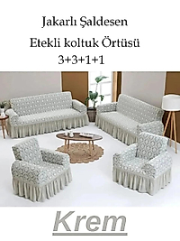 Jakarlı Şal desen Koltuk, Kanepe, çekyat Örtüsü, Likralı, Etekli, koltuk kılıfı 3+3+1+1 takım Krem