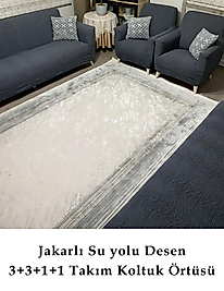 Su yolu Desenli Jakarlı Koltuk Örtüsü Lastikli Koltuk Kanepe Çekyat  3+3+1+1 Takımı Antrasit