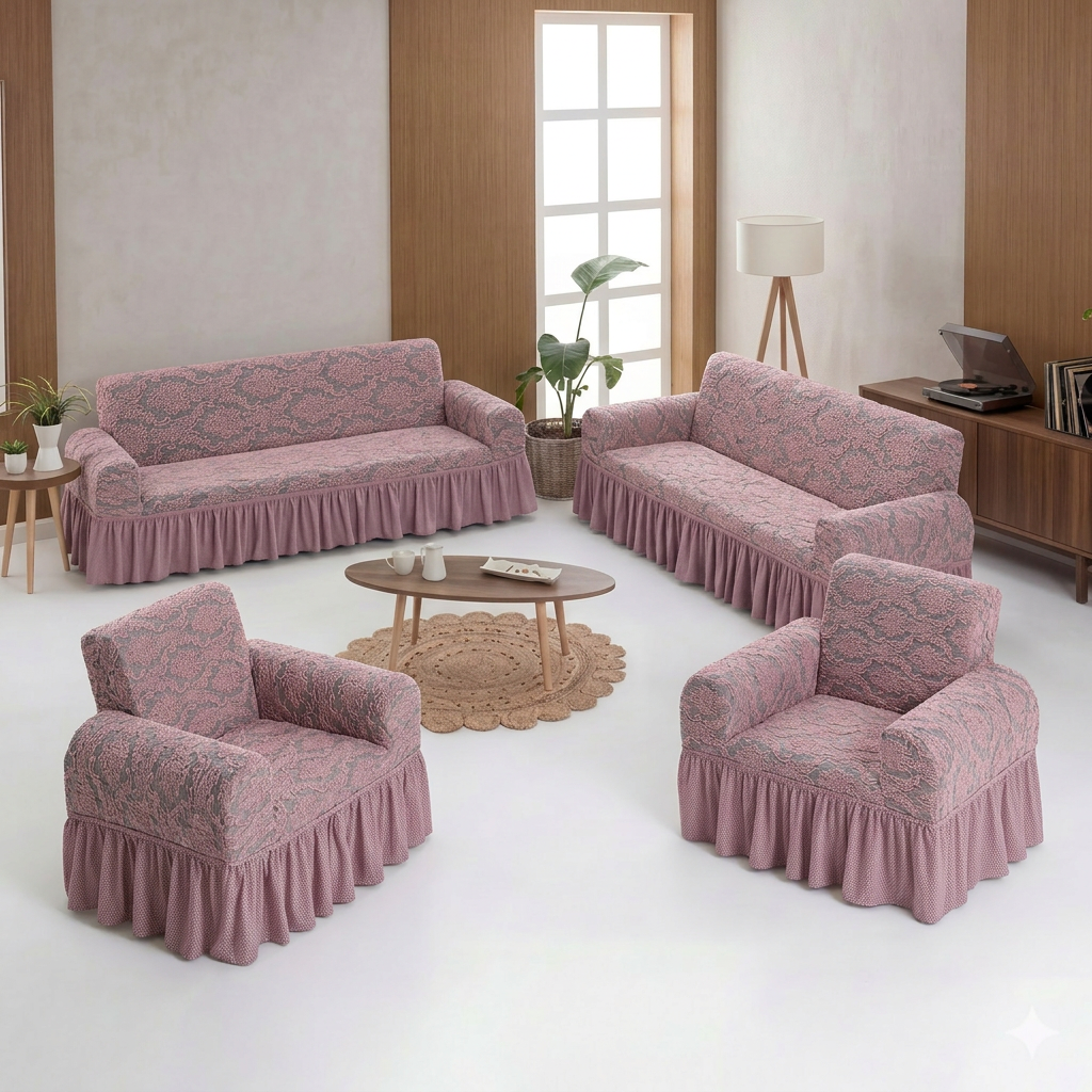 Jakarlı Şal desen Koltuk, Kanepe, çekyat Örtüsü, Likralı, Etekli, koltuk kılıfı 3+3+1+1 takım