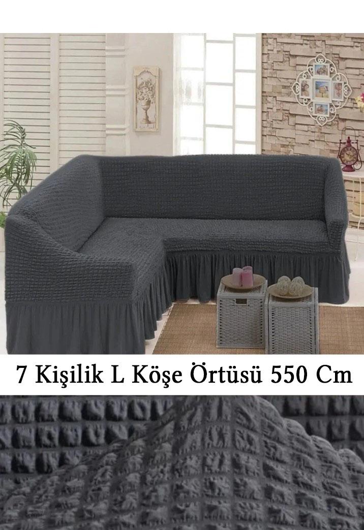 Bürümcük 7 kişilik Köşe Koltuk, Kanepe Örtüsü, Koltuk Kılıfı, Lastikli, Etekli, L Köşe 550 Cm